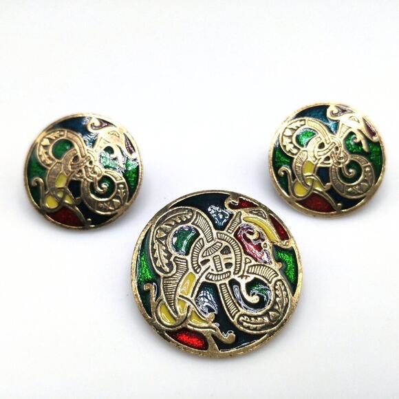 Vintage Celtic Design Miracle Brooch Pendant & Earrings Set Enamel Dragon - Picture 2 of 8